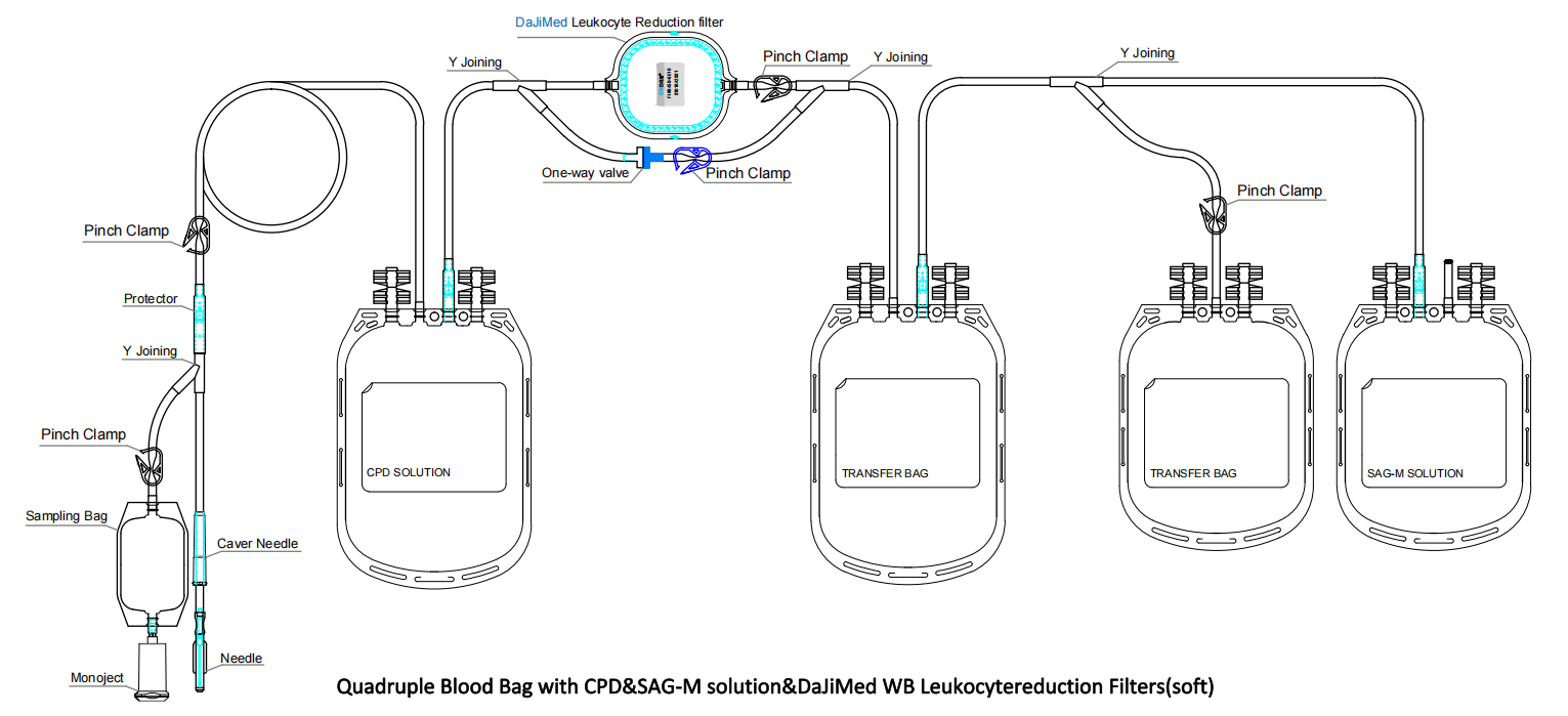 Blood bag with whole blood in-line leucocyte reduction filter